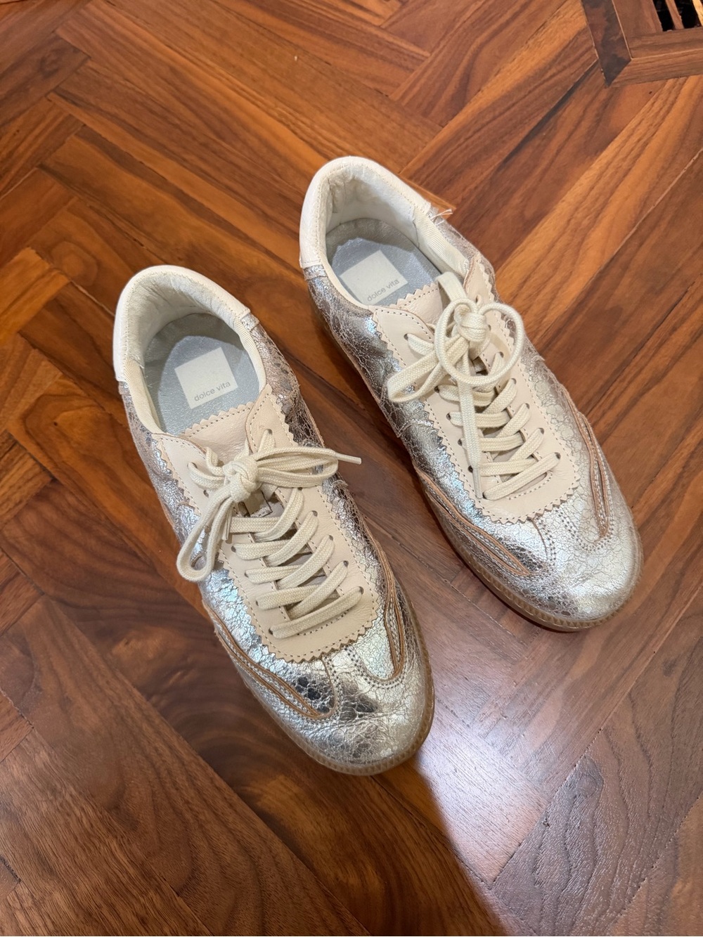 Dolce Vita Metallic Gold and Cream Lace-Up Sneakers
